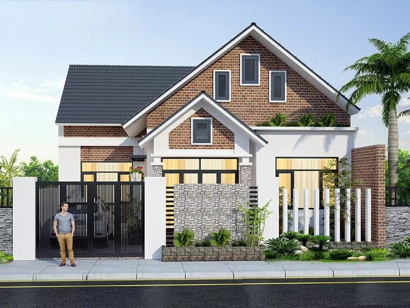 Nhà mái Thái chữ L 90m2 ốp đá tự nhiên kết hợp sơn trắng và khoảng gạch mộc chạy men theo chân mái sang trọng. Ảnh: Vinavic 