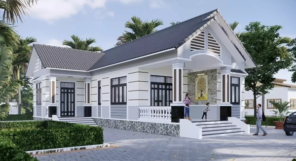  Nhà mái Thái chữ L 1 tầng xây trên khu đất 9x12m, gây ấn tượng với đường nét kiến trúc gọn gàng, vuông vắn. Các vật liệu địa phương như vách kính, gỗ nhựa, bê tông cốt thép, ngói vảy sóng...tạo hiệu ứng mở rộng không gian. Ảnh: Vinavic 