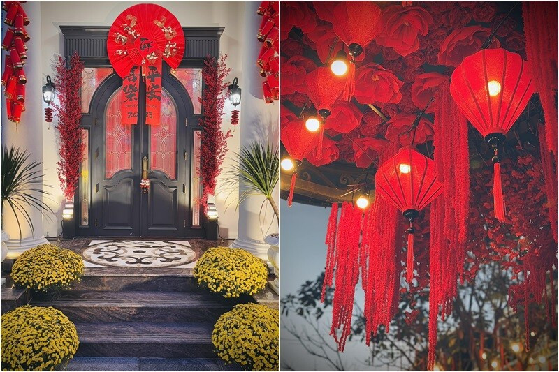 Dàn đèn lồng đỏ rực và hoa trang trí trải dài từ ban công đến hiên nhà. Ảnh: FB Đoàn Di Băng