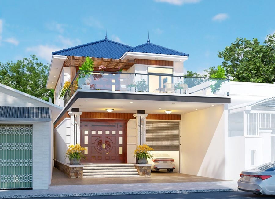 Nhà 2 tầng mái Nhật có thiết kế gara tại tầng trệt đáp ứng nhu cầu sử dụng của những gia đình có xe ô tô. Ảnh: Neohouse