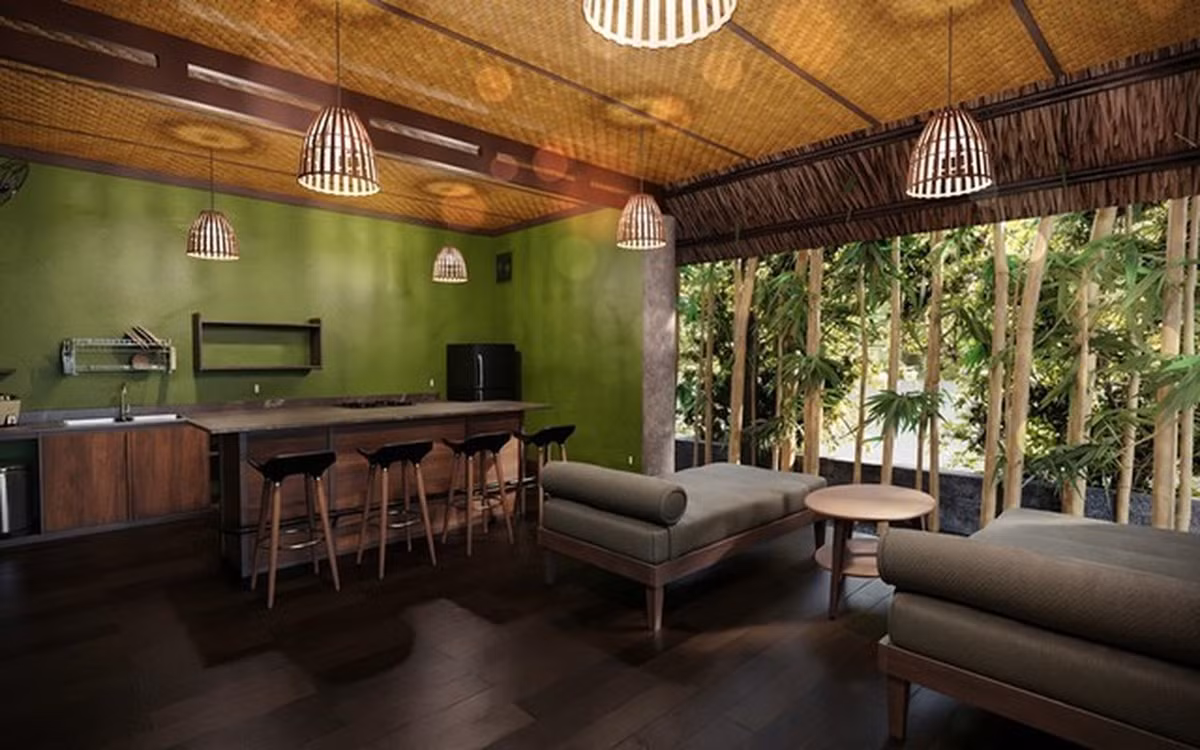 Khu bếp thiết kế mở, gần gũi thiên nhiên. Ảnh: FBNV