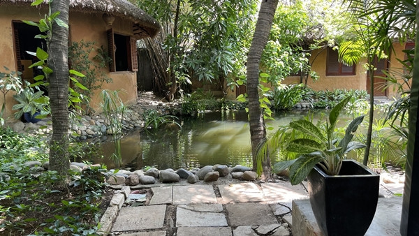 Ngôi nhà vách đất, mái lá, trồng nhiều cây xanh, có hồ sinh thái, mang đến không gian thoáng đãng, yên bình nhưng vẫn đầy đủ các tiện nghi hiện đại. Ảnh: FBNV