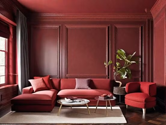 Theo các nhà thiết kế nội thất, màu đỏ rực đang thịnh hành, đẩy lùi gam màu trung tính. Trong năm 2025, màu đỏ sẽ len lỏi không gian nội thất và được nhiều người ưa chuộng. Ảnh: AI HomeDesign