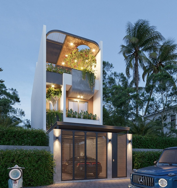 Nhà ống 3 tầng có sân thượng thiết kế lạ mắt với những góc bo mềm mại. Ảnh: SBSHouse