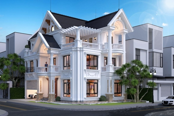 Nhà 3 tầng chữ L thường được ứng dụng trong kiểu biệt thự sân vườn, khu nghỉ dưỡng...Ảnh: Noithattugia