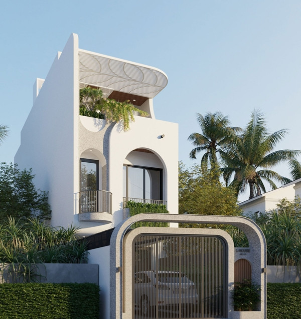 Với phong cách hiện đại, ngôi nhà 3 tầng gây ấn tượng với đường cong mềm mại. Cây được trồng ở nhiều vị trí như hàng rào, ban công, tầng thượng, mang đến một sắc xanh tươi mới. Ảnh: SBS House