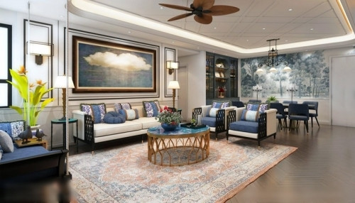 Ngôi nhà của Shark Hưng và vợ trẻ mang phong cách Indochine (hay còn gọi Đông Dương) pha trộn các gam màu xanh lạ mắt, kết hợp đen - trắng. Ảnh: FBNV