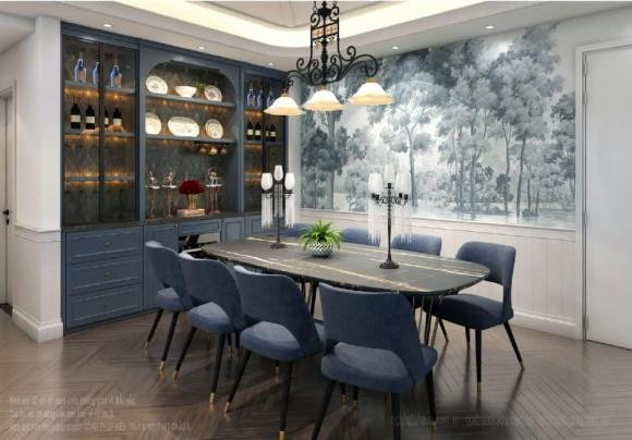 Cạnh bàn ăn là tủ rượu và các món đồ decor lạ mắt. Ảnh: FBNV