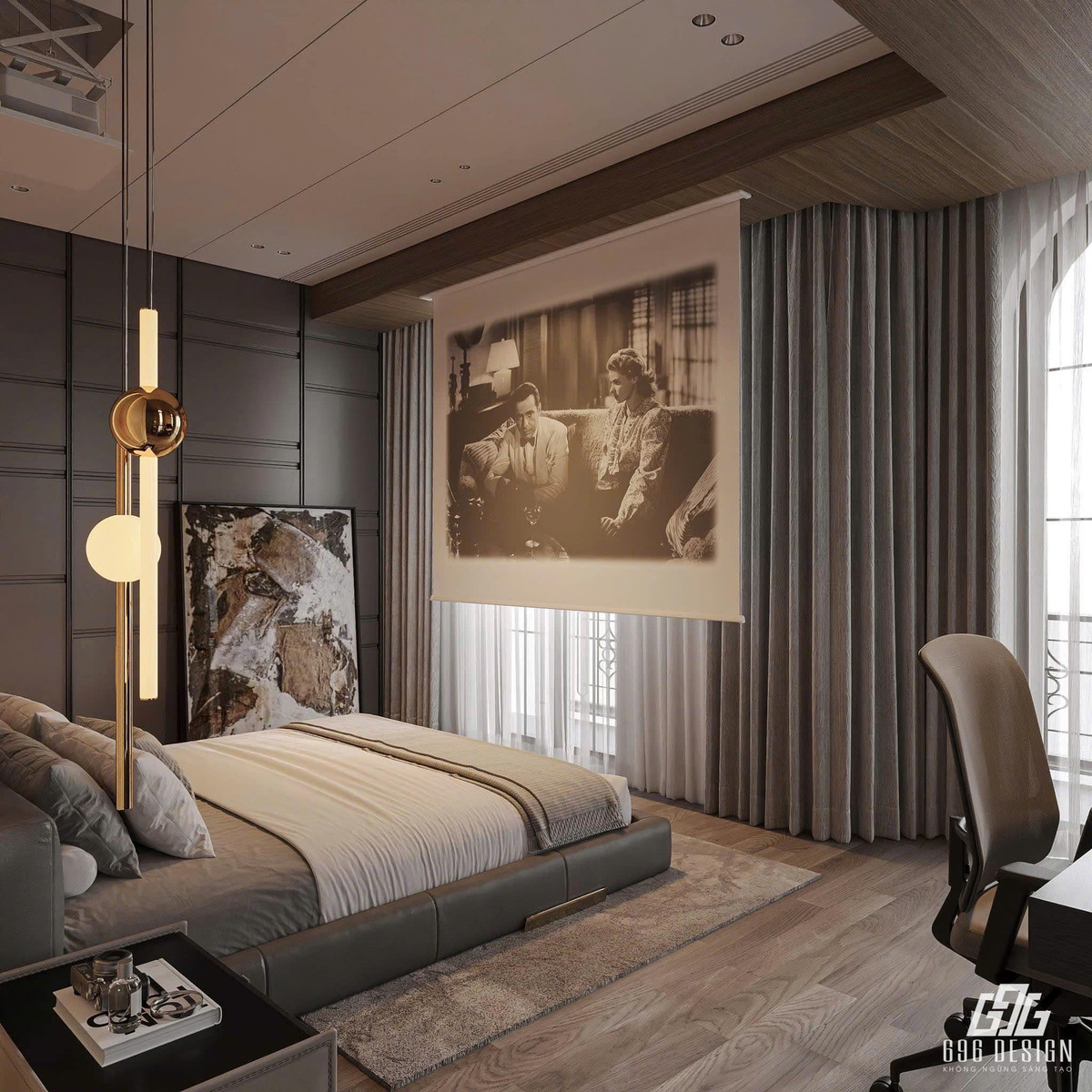 Phòng ngủ hiện đại sử dụng ô cửa sổ rộng, lấy ánh sáng tự nhiên tối đa. Ảnh; FB Đoàn Văn Hậu