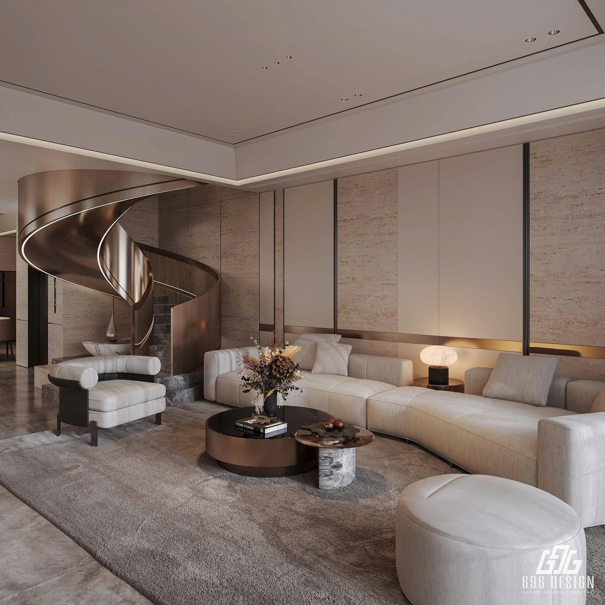 Phòng khách rộng, nổi bật với ghế sofa dài cùng bàn trà nhỏ nhắn. Cầu thang uốn lượn đẹp mắt. Ảnh: FB Đoàn Văn Hậu