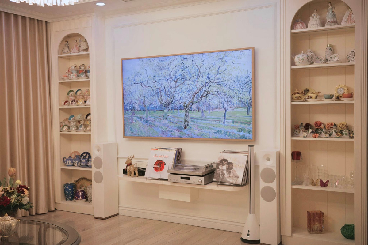 Phòng khách với ti vi ở trung tâm, hai bên là kệ để đồ gốm sứ đậm chất vintage. Ảnh: FBNV