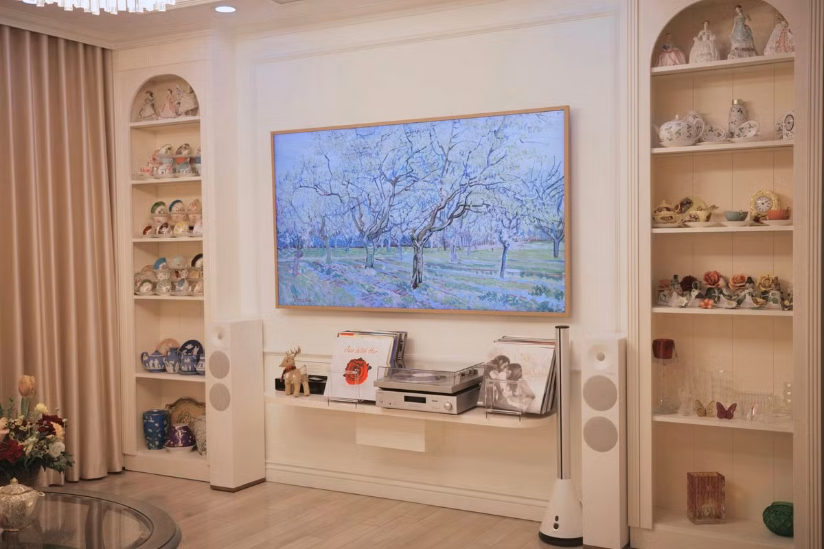 Phòng khách với ti vi ở trung tâm, hai bên là kệ để đồ gốm sứ đậm chất vintage. Ảnh: FBNV