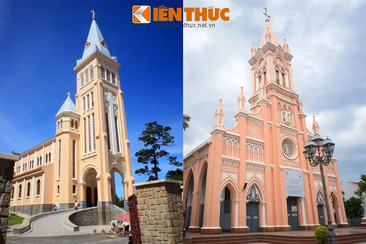 Nằm ở hai thành phố du lịch hàng đầu Việt Nam, nhà thờ Con Gà Đà Lạt (trái) và nhà thờ Con Gà Đà Nẵng (phải) có nhiều điểm chung lạ lùng mà nhiều người sẽ bất ngờ khi biết.