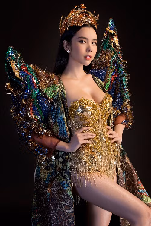Ngoài ra, trang phục còn được đính kết các loại hạt cườm và đá màu vàng rực rỡ giúp tổng thể bộ cánh thêm phần bắt mắt và cũng làm nổi bật chủ đề chính mà bộ trang phục truyền tải.