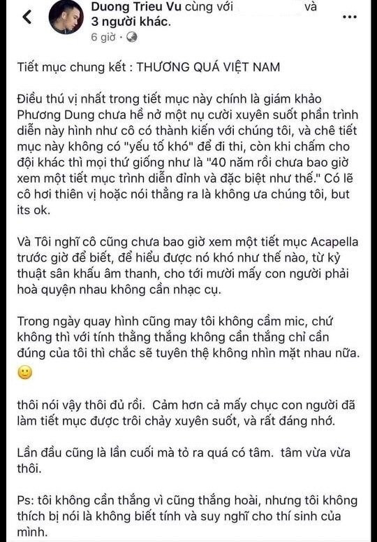 Duong Trieu Vu “to” danh ca Phuong Dung cham thi thieu cong bang