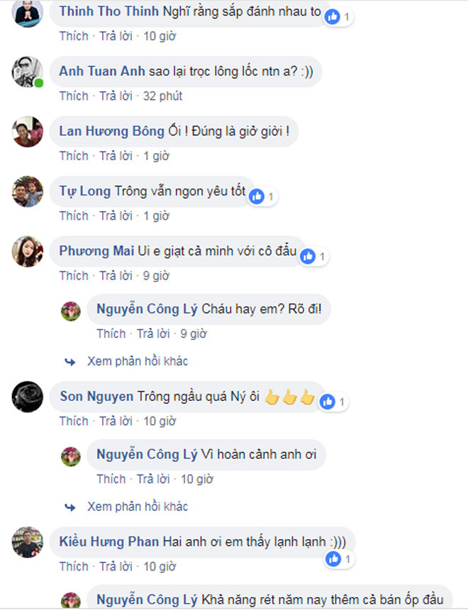 Ngay lập tức nhiều đồng nghiệp, bạn bè vào bình luận về kiểu đầu mới của nghệ sĩ hài. Đạo diễn Bùi Thọ Thịnh của "Thương nhớ ở ai" hài hước bình luận kiểu đầu trọc của Công Lý khiến anh nghĩ "sắp có đánh nhau to". Nam diễn viên hài Tự Long trêu đùa: "Trông vẫn ngon, yêu tốt". Trong khi NSND Lan Hương phải giật mình: "Ối! Đúng là giở giời".