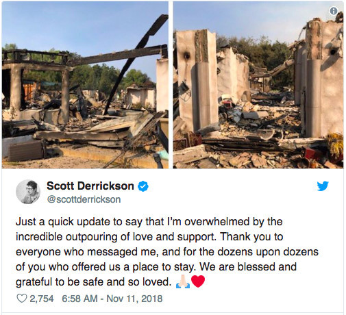 Đạo diễn phim Doctor Strange Scott Derrickson chụp lại cảnh tượng căn nhà đổ nát của mình với dòng chú thích: "Hiện tại tôi cảm thấy nghẹn ngào vì tình yêu thương và sự hỗ trợ của mọi người. Cảm ơn tất cả đã nhắn tin cho tôi và nhiều người đã đề nghị cho chúng tôi chỗ ở. Chúng tôi thật may mắn, đồng thời rất biết ơn vì vẫn bình an và nhận được nhiều sự yêu thương".
