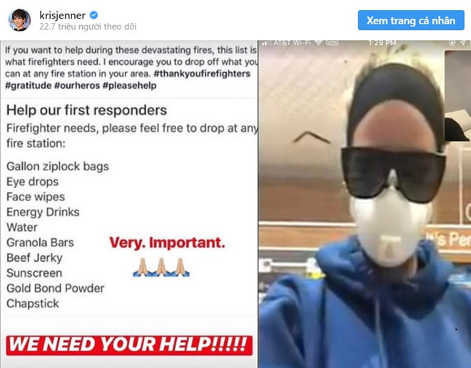 Kris Jenner, mẹ của siêu mẫu Kendall Jenner, cũng chia sẻ lời kêu gọi sự giúp đỡ cho những nạn nhân của vụ cháy trong khu vực Malibu ở California và lực lượng cứu hỏa.