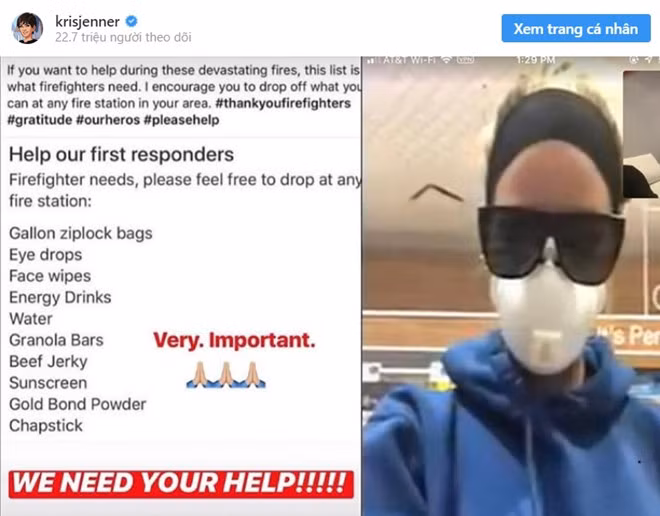 Kris Jenner, mẹ của siêu mẫu Kendall Jenner, cũng chia sẻ lời kêu gọi sự giúp đỡ cho những nạn nhân của vụ cháy trong khu vực Malibu ở California và lực lượng cứu hỏa.