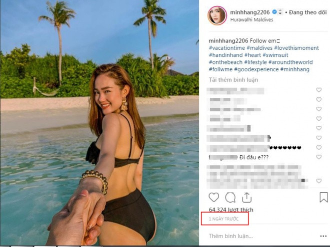 Tại đây, ngoài việc thường xuyên cập nhật những khoảnh khắc đáng nhớ lên trang cá nhân, Minh Hằng còn thu hút sự quan tâm khi đăng tải hình ảnh nắm tay chàng trai bí ẩn. Cụ thể, trên Instagram, nữ ca sĩ đã chia sẻ bức ảnh diện bikini, cười tươi rạng rỡ và nắm tay một chàng trai kèm chú thích ảnh: "Follow em".