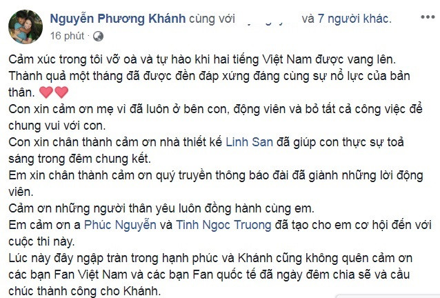 Chia sẻ sau đăng quang, Nguyễn Phương Khánh viết: "Cảm xúc trong tôi vỡ òa và tự hào khi hai tiếng Việt Nam được vang lên. Thành quả một tháng đã được đền đáp xứng đáng cùng sự nỗ lực của bản thân". Ảnh: FBNV