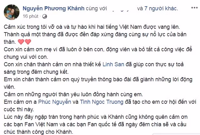 Chia sẻ sau đăng quang, Nguyễn Phương Khánh viết: "Cảm xúc trong tôi vỡ òa và tự hào khi hai tiếng Việt Nam được vang lên. Thành quả một tháng đã được đền đáp xứng đáng cùng sự nỗ lực của bản thân". Ảnh: FBNV