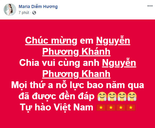 Hoa hậu Diễm Hương (từng tham gia cuộc thi sắc đẹp này) chia sẻ niềm tự hào với chiến thắng của Phương Khánh.