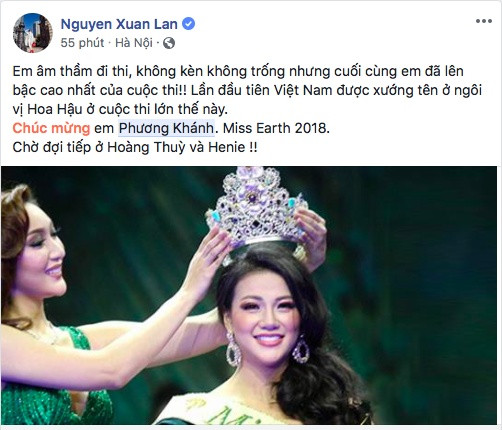 Siêu mẫu Xuân Lan vui mừng khi đại diện Việt Nam tại đấu trường Miss Earth đạt được thành tích cao nhất. Với đà chiến thắng này, người đẹp hy vọng Việt Nam sẽ tiếp tục lên ngôi ở các cuộc thi sắc đẹp khác.