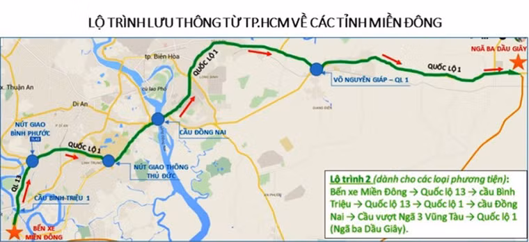 Lộ trình 2: Bến xe miền Đông -> Quốc lộ 13 -> cầu Bình Triệu -> Quốc lộ 13 -> Quốc lộ 1 -> cầu Đồng Nai -> Cầu vượt Ngã 3 Vũng Tàu -> Quốc lộ 1 (Ngã ba Dầu Giây).