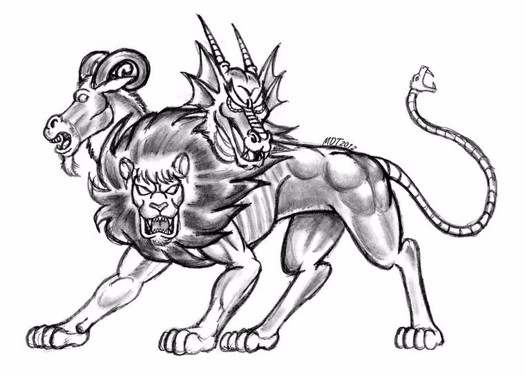 Ngoài ra, trên lưng nó còn mọc ra một cái đầu dê và đầu rồng.