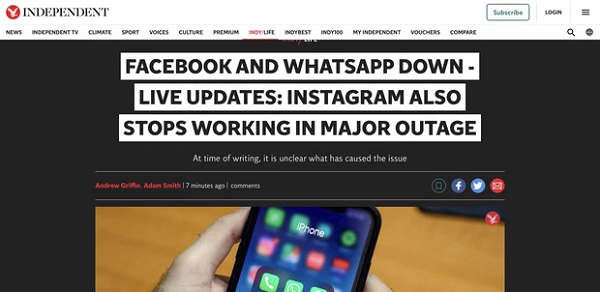 Trang tin The Independent của Anh thậm chí còn làm hẳn bài tường thuật về tình hình sập của Facebook. Có vẻ như sự cố lần này đang nhận được sự quan tâm rất lớn.