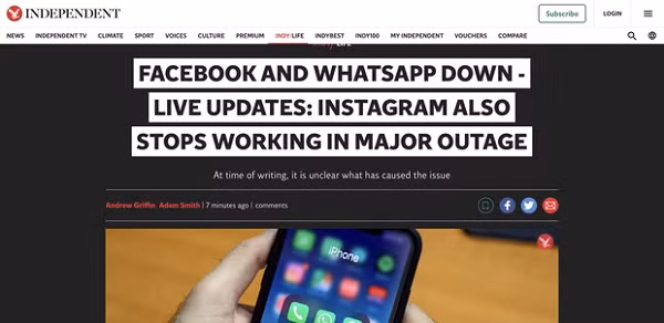 Trang tin The Independent của Anh thậm chí còn làm hẳn bài tường thuật về tình hình sập của Facebook. Có vẻ như sự cố lần này đang nhận được sự quan tâm rất lớn.