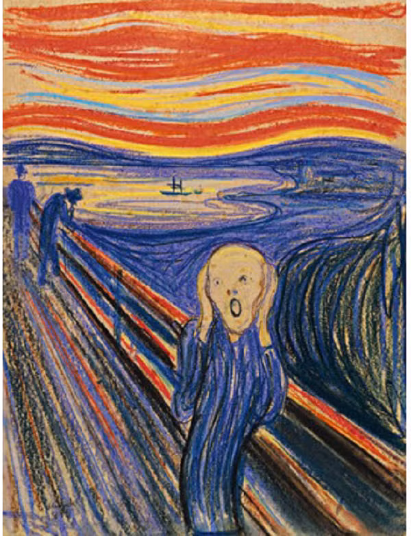 Bức tranh “Tiếng thét” được vẽ dưới dạng tranh vẽ theo trường phải biểu tượng của họa sĩ người Na UY – Edvard Munch vào khoảng năm 1893. Bức tranh vẽ một nhân vật lo âu tuyệt vọng nhưng lại tương phản với phong cảnh hòa cùng bầu trời đỏ. Màu sắc khuôn mặt cùng một số chi tiết rùng rợn khiến nó luôn nằm trong những tác phẩm kinh dị nhất. 
