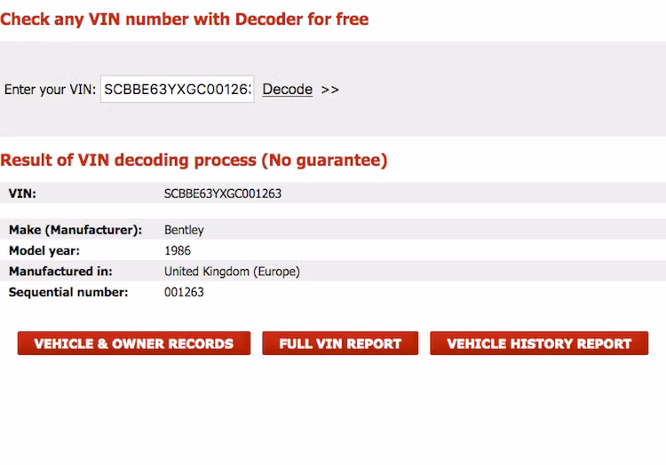 Thế hệ Bentley Mulsanne hiện tại được sản xuất vào năm 2010, chính vì vậy việc tra cứu thông tin xe sẽ rất dễ dàng nếu như có số khung nhận dạng của xe (VIN). Tuy nhiên, khi thử tra số khung được trung tâm dịch vụ bán đấu giá tài sản tỉnh Quảng Bình thông báo là SCBBE63YXGC001263 trên những dịch vụ kiểm tra VIN toàn cầu, kết quả trả về đã cho thấy chiếc xe này đúng là Bentley, nhưng lại là đời 1986.