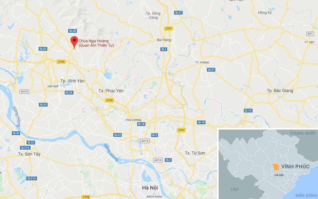 Chùa Nga Hoàng (xã Hợp Châu, Tam Đảo, Vĩnh Phúc) cách trung tâm Hà Nội chừng 60 km về phía tây bắc. Ảnh: Google Maps.