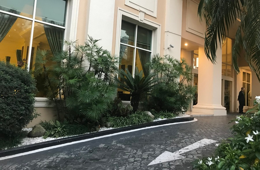 Mặt tiền của khách sạn được trồng và trang trí nhiều loại cây hoa cảnh.