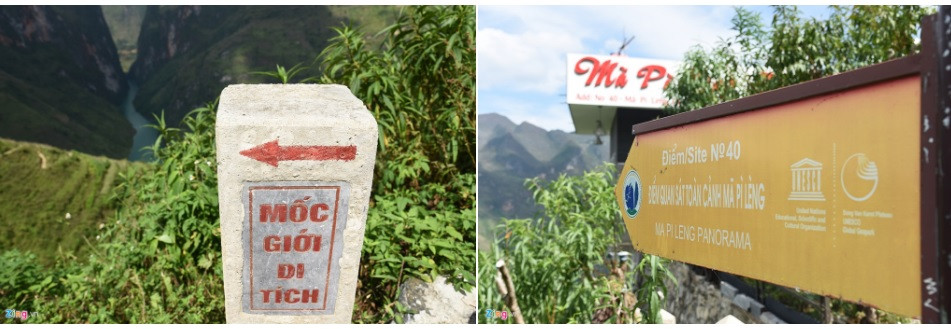 Ngay sát chân ngôi nhà có mốc giới di tích số 1 và tấm biển ghi "Điểm quan sát toàn cảnh Mã Pì Lèng" với logo của UNESCO và Công viên địa chất Cao nguyên đá Đồng Văn.