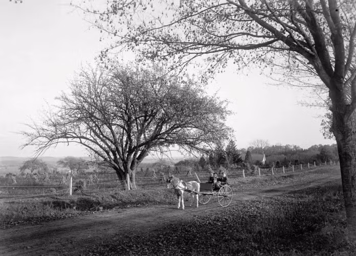 Một chiếc xe ngựa chở khách đi giữa con đường xinh đẹp và thanh bình ở Basking Ridge, New Jersey năm 1897.