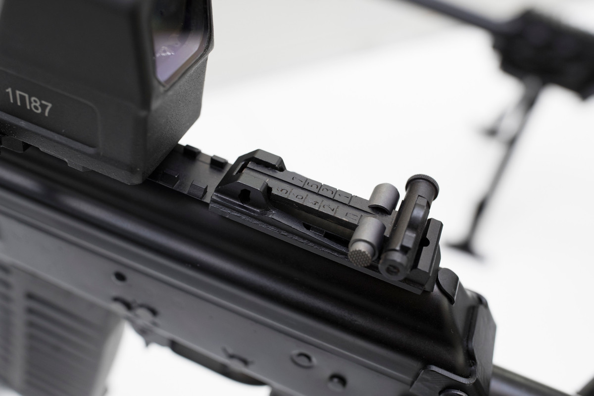 Giống như AK-12, thước ngắm cơ khí của AK-308 cũng được đưa về phía sau thân với thiết kế thước ngắm tương tự các dòng AK trước đây. Kết hợp với đó là kính ngắm quang học với các thanh rail trên thân súng và ốp tay phía trước của súng. Nguồn ảnh: Kalashnikov.