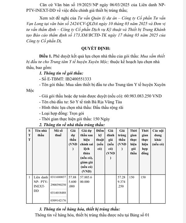 Ai trúng gói thầu mua sắm thiết bị cho TTYT huyện Xuyên Mộc? Ai trung goi thau mua sam thiet bi cho TTYT huyen Xuyen Moc?