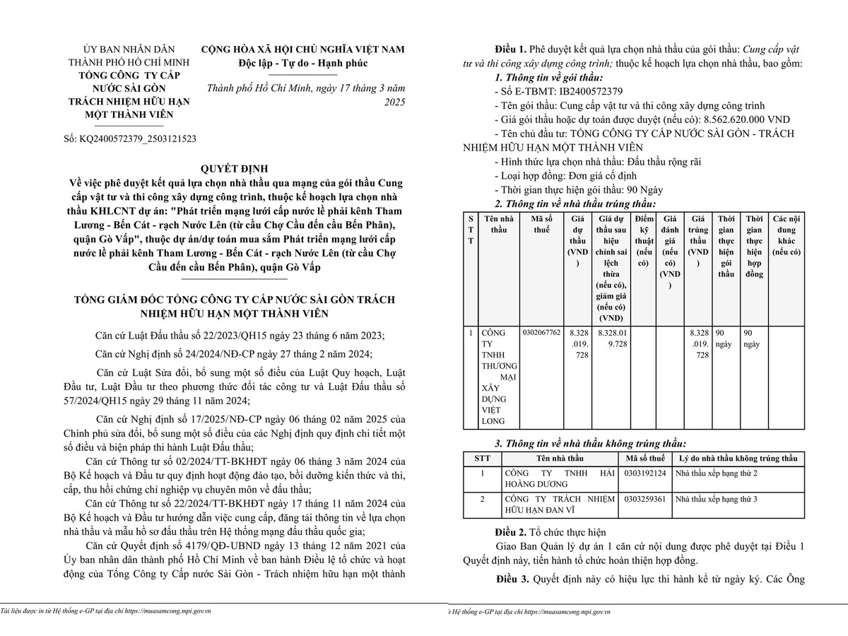Cấp nước Sài Gòn: Nhà thầu quen tiếp tục thắng gói thầu hơn 8 tỷ Cap nuoc Sai Gon: Nha thau quen tiep tuc thang goi thau hon 8 ty