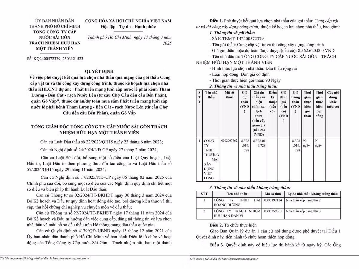 Cap nuoc Sai Gon: Nha thau quen tiep tuc thang goi thau hon 8 ty