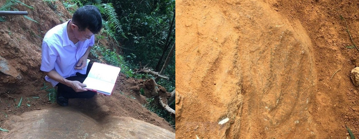 Điểm khác biệt ở khối đá khắc cổ tại xã Chế Cu Nha là có chạm hình tròn đồng tâm lồi, nổi như mặt trống và hình thoi lõm. Đây là hình họa khác so với 14 khối đá cổ phát hiện từ trước đó trên địa bàn xã Lao Chải. Ảnh: TTXVN.