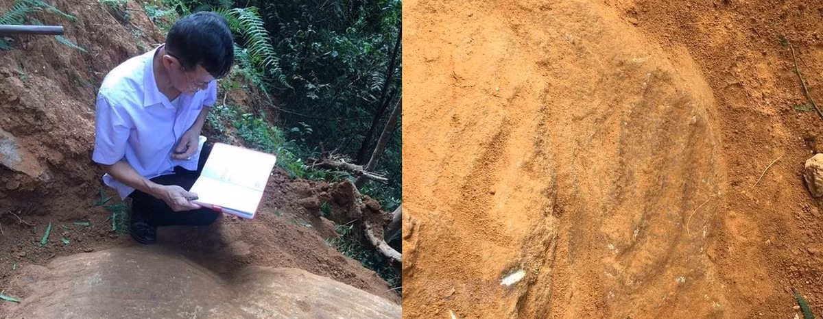 Điểm khác biệt ở khối đá khắc cổ tại xã Chế Cu Nha là có chạm hình tròn đồng tâm lồi, nổi như mặt trống và hình thoi lõm. Đây là hình họa khác so với 14 khối đá cổ phát hiện từ trước đó trên địa bàn xã Lao Chải. Ảnh: TTXVN.