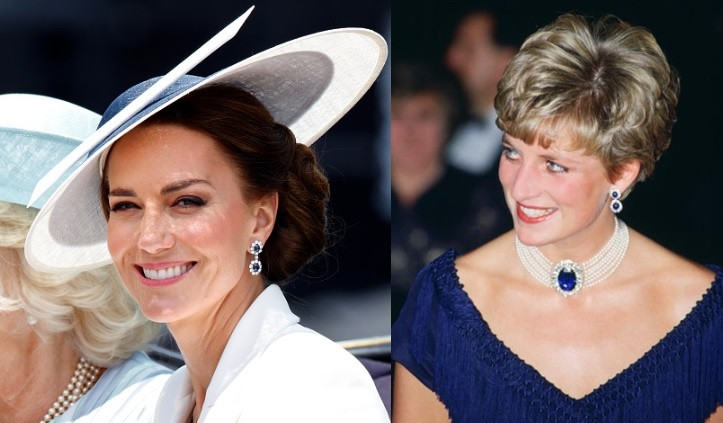 Đôi hoa tai kim cương và thạch anh tím tuyệt đẹp này từng thuộc về Công nương Diana. Công nương Kate Middleton cũng nhiều lần đeo món trang sức từng được mẹ chồng sử dụng.