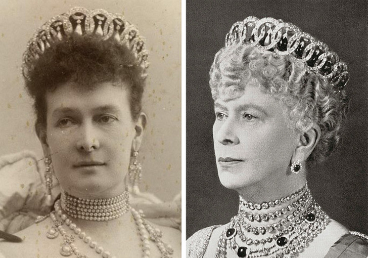 Vương miện Grand Duchess Vladimir được Nữ hoàng Mary (phải ảnh) đeo trong một sự kiện. Trước đó, vương miện thuộc sở hữu của nữ công tước Vladimir (trái ảnh). Vương miện này được chế tác vào những năm 1870.