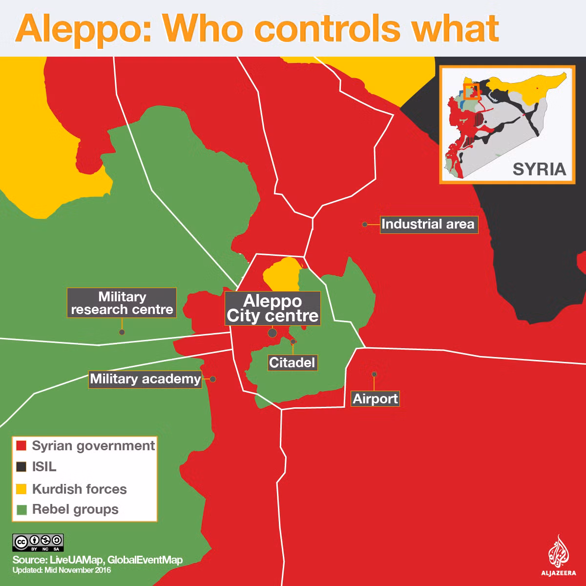 Sau chiến dịch giải vây thất bại, số phận của phiến quân ở đông Aleppo như "cá nằm trên thớt" . Đồ họa Al Jazeera