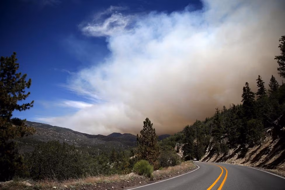 Cháy rừng ở Heart Bar trong Rừng quốc gia San Bernardino nhìn từ xa.