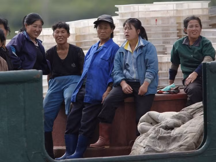 Nữ công nhân thủy sản giải lao trong giờ làm việc tại cảng cá Rajin trong Đặc khu kinh tế thành phố Rason, phía đông bắc thủ đô Bình Nhưỡng.
