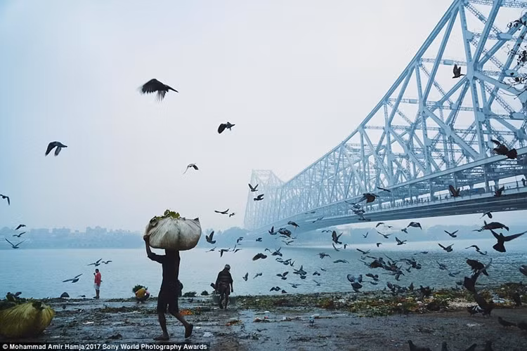 Cảnh sáng sớm bên cầu Howrah, Ấn Độ. Ảnh: Daily Mail